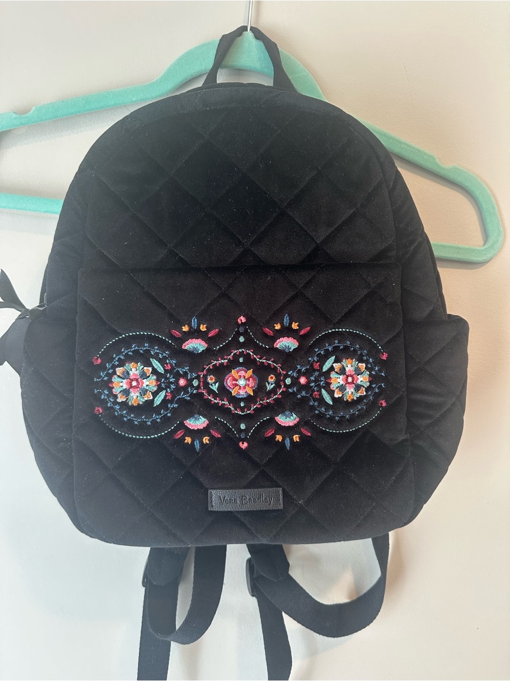 Vera Bradley Black Quilted Velvet Backpack with Colorful Floral Embroidery